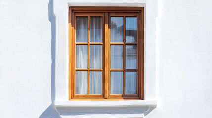 Obraz premium A wooden window with a white wall background, featuring a simple and clean design.
