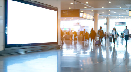 Blurred image of people at the airport with blank billboard for advertisement