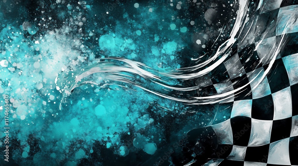 Poster Abstract checkered flag design with teal background and dynamic movement.