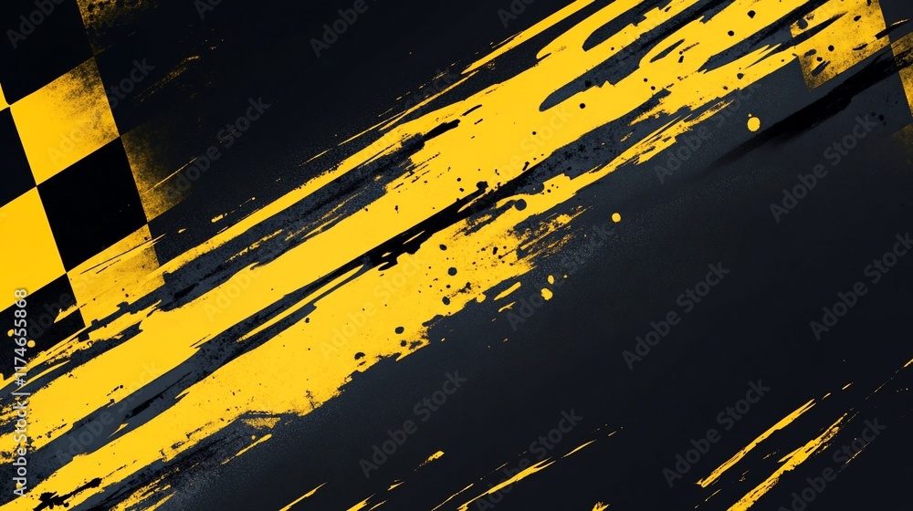 Poster abstract checkered flag design with yellow streaks and black background.