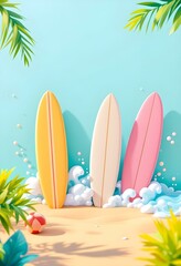Brightly colored surfboards resting on a beautiful tropical beach with clear blue waters
