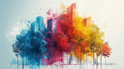 Vibrant Fusion of Nature and Urban Landscape in Autumn Colors