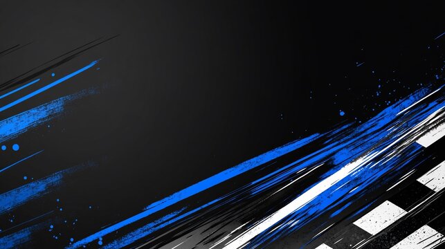 Abstract racing background with black and white checkered flag, blue streaks, and paint splatter effects.