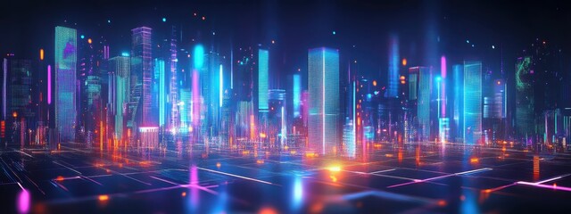 Fototapeta premium Futuristic cityscape, neon lights, reflective wet streets, cyberpunk atmosphere, urban night scene, glowing skyscrapers, pink and blue color palette, dystopian metropolis, puddles reflecting neon, hig