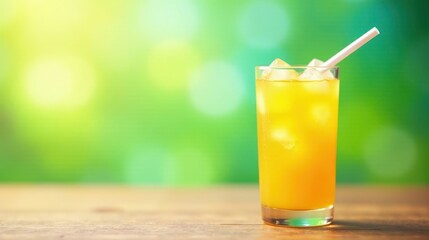 Refreshing Iced Citrus Beverage in a Glass on Wooden Surface with a Straw