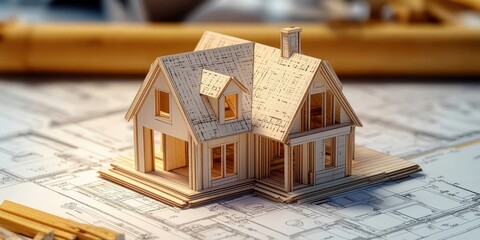 architectural model, miniature house, white cardboard, exposed interior, wooden roof frame, blueprints, desk surface, scale model, architectural design, detailed craftsmanship, cross-section view, res