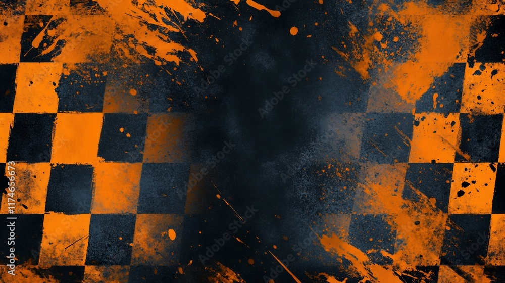 Aufkleber grunge checkered flag background with orange splatters.