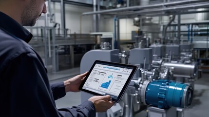 A man is holding a tablet and looking at a graph