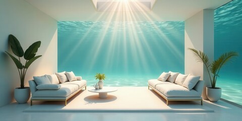 Fototapeta premium Serene Underwater View Living Room with Minimalist Furnishings and Sunlit Aquamarine Waters