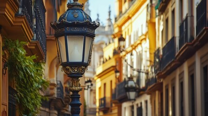 Fototapeta premium Ornate street light and historic architecture in Seville, Spain