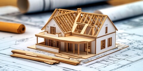 architectural model, miniature house, white cardboard, exposed interior, wooden roof frame, blueprints, desk surface, scale model, architectural design, detailed craftsmanship, cross-section view, res