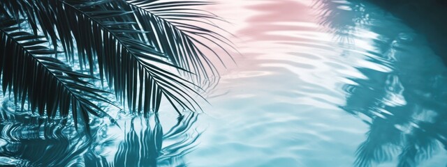 Tropical paradise, turquoise water, palm fronds silhouette, pastel pink and blue hues, dreamy ethereal atmosphere, soft focus, tranquil ocean scene, beach vacation vibes, serene coastal landscape, gen