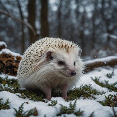 Obraz premium A white hedgehog exploring a winter garden.