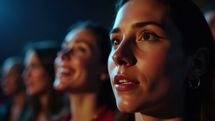 Obraz premium Close-up of main characters on screen their expressions mirrored by audience, Professional stock photo, AI generated photograph