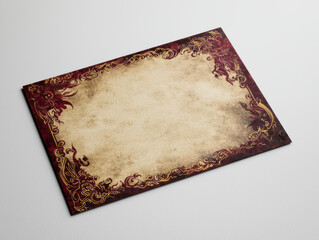 Vintage postcard mockup with ornate red and gold border design, perfect for creative projects