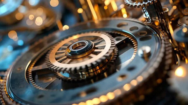 close up steampunk copper gears machine part spinning 