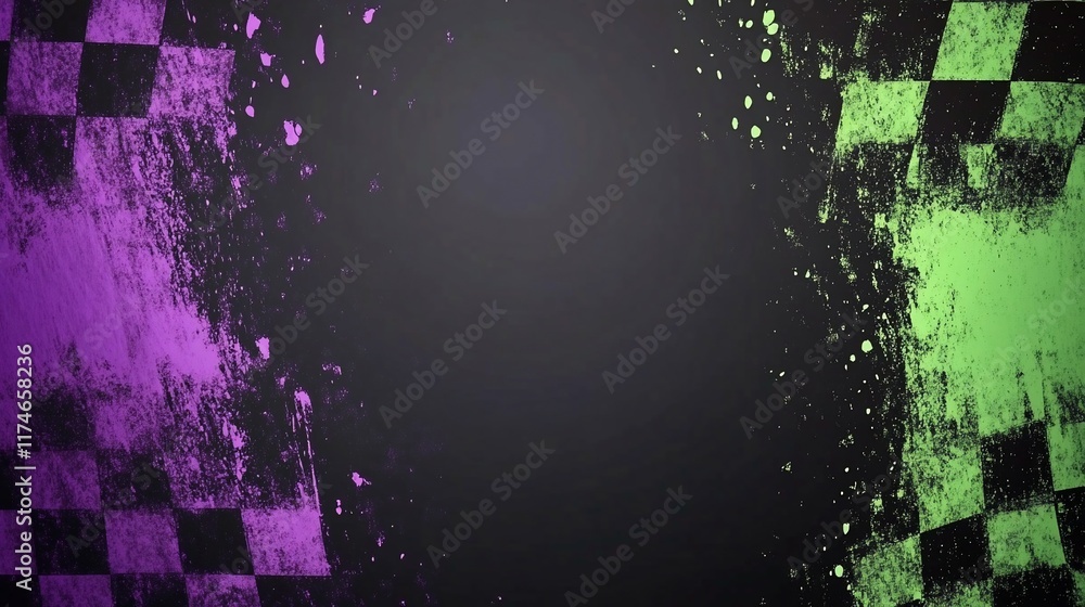 Poster Abstract checkered flag design with splashes of vibrant purple and green paint, creating a dynamic and energetic background.