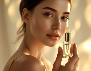 a woman holding a bottle of perfume