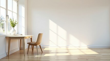 Sunlight Illuminates a Minimalist Room with a Simple Wooden Desk and Chair