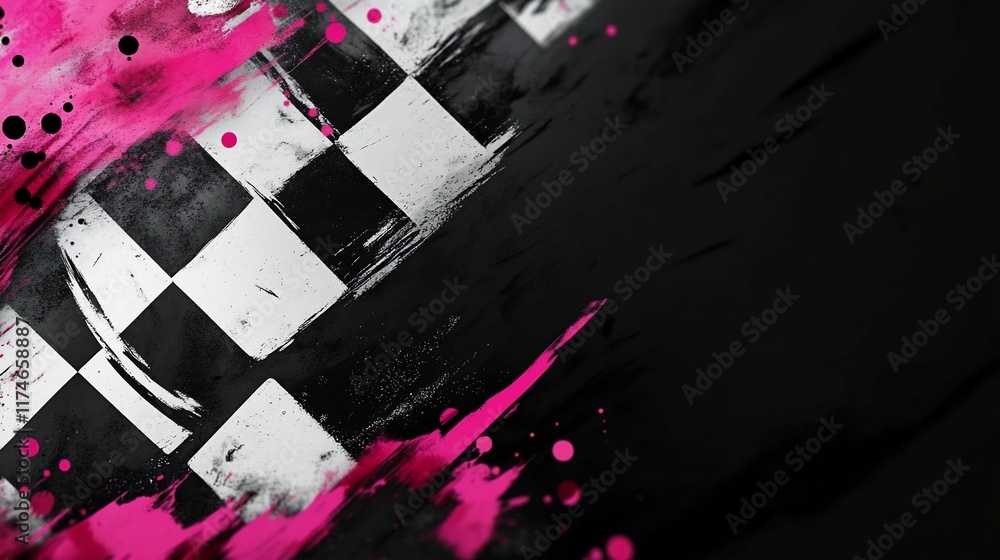 Poster abstract checkered flag with pink paint splashes.