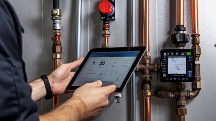 A man is holding a tablet and looking at a pipe