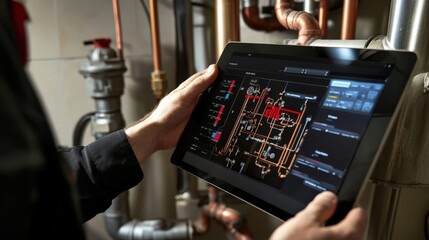 A man is holding a tablet that displays a diagram of a pipe system