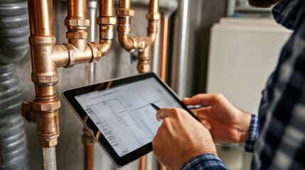 A man is using a tablet to look at a diagram of pipes