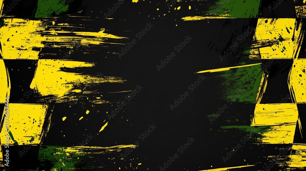 Poster abstract checkered background with grunge brushstrokes of yellow and green paint splatters on black.