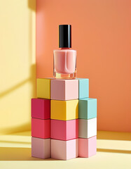 a bottle of nail polish sitting on top of a stack of cubes