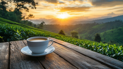 Close up of a cup of white coffee on a wooden table and a view of the background of sunset or sunrise, the beautiful nature of the forest