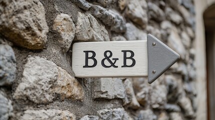 Stone Wall B&B Sign: A charming, rustic sign mounted on a stone wall, with a gray arrow pointing the way to a cozy bed and breakfast.  The sign evokes a sense of peace and tranquility.