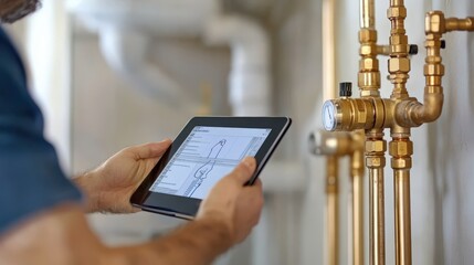 A man is holding a tablet and looking at a pipe