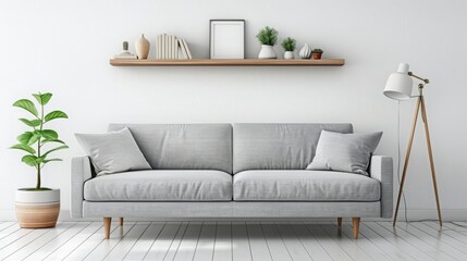 Stylish grey sofas, shelving unit and lamp near light wall in living room