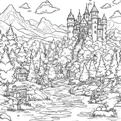Fototapeta premium Fairytale Castle in a Lush Forest Landscape - Line Art Illustration