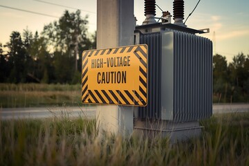 A yellow and black HighVoltage Caution sign is mounted on a pole next to a large gray electrical transformer in a rural setting. Grass and a road are visible.