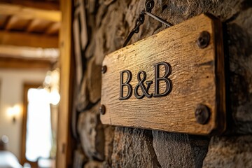 B&B Signage on Rustic Stone Wall: An inviting B&B sign, artfully displayed on a textured stone wall, welcomes guests to a cozy and charming getaway. The warm wooden sign, paired with the rough stone.