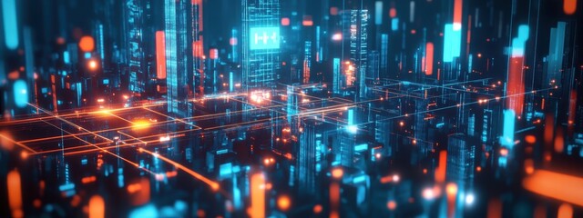 Obraz premium Futuristic cityscape, neon lights, reflective wet streets, cyberpunk atmosphere, urban night scene, glowing skyscrapers, pink and blue color palette, dystopian metropolis, puddles reflecting neon, hig