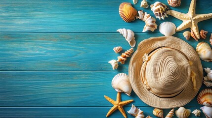 Beach accessories, seashells, starfish, straw hat, blue wooden background, summer vacation, coastal decor, nautical theme, rustic texture, turquoise boards, sand, tropical getaway, seaside memories, m