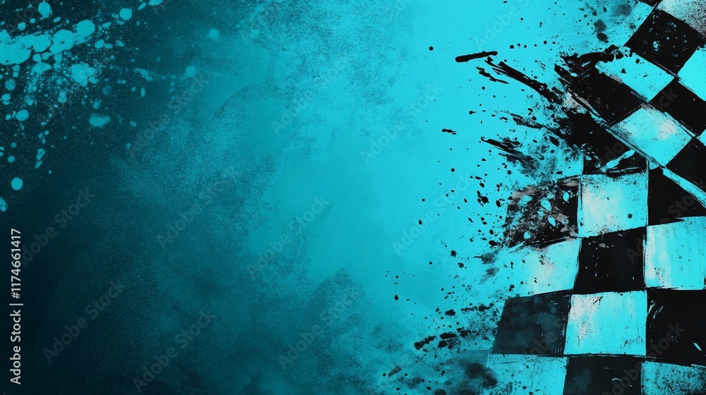Aufkleber Checkered flag exploding on teal background.