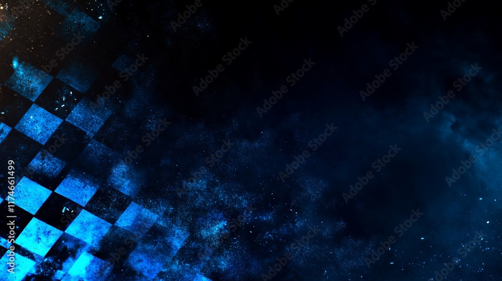 Poster abstract checkered flag background with a dark blue, glowing effect.