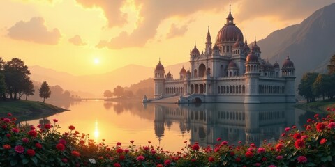 Obraz premium Serene Sunset Illuminates Picturesque Palace Reflected in Tranquil Waters, Adorned by Vibrant Blossoms