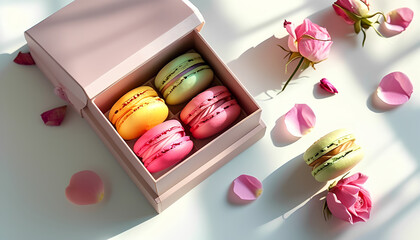 a box of macarons with pink roses and pink roses