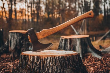 A sharp axe with a wooden handle rests on a tree stump in an autumnal forest. The background shows other stumps and trees, creating a rustic scene.