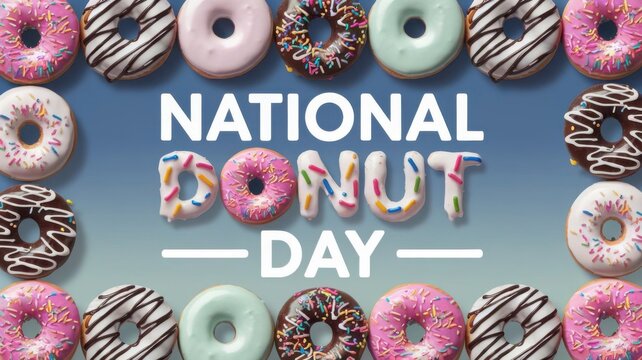Colorful National Donut Day Wallpaper Background Featuring an Assortment of Vibrant Donuts with Frosting, Sprinkles, and Bright Colorful Toppings Celebrating the Joy of Sweet Treats