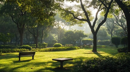 Naklejka premium Tranquil Morning in a Lush Park