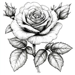 Exquisite Hand-Drawn Black and White Rose with Buds and Leaves