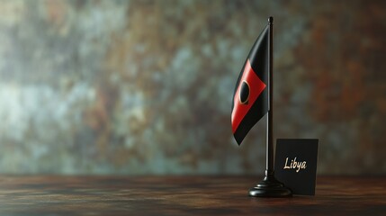 Libyan Flag on a Wooden Table Against a Rustic Background