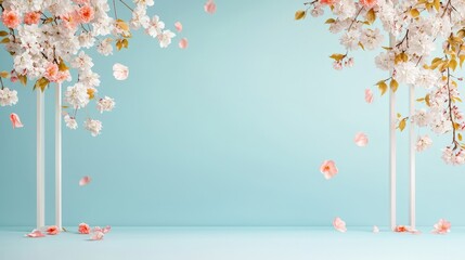A blue background with white flowers and pink petals