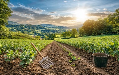 Sunset over a fertile farm field with gardening tools.
