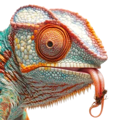 Fotobehang Close-up of a colorful chameleon with a long tongue catching a fly, showcasing vibrant details and unique textures.,transparent background © Pornsurang